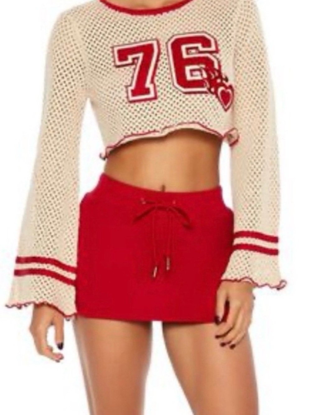 Forever 21 Cream Crochet Crop Top with Red Trim and 76 Patch